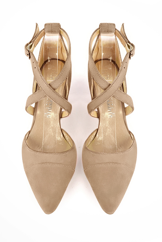 Tan beige women's open side shoes, with crossed straps. Tapered toe. Medium comma heels. Top view - Florence KOOIJMAN